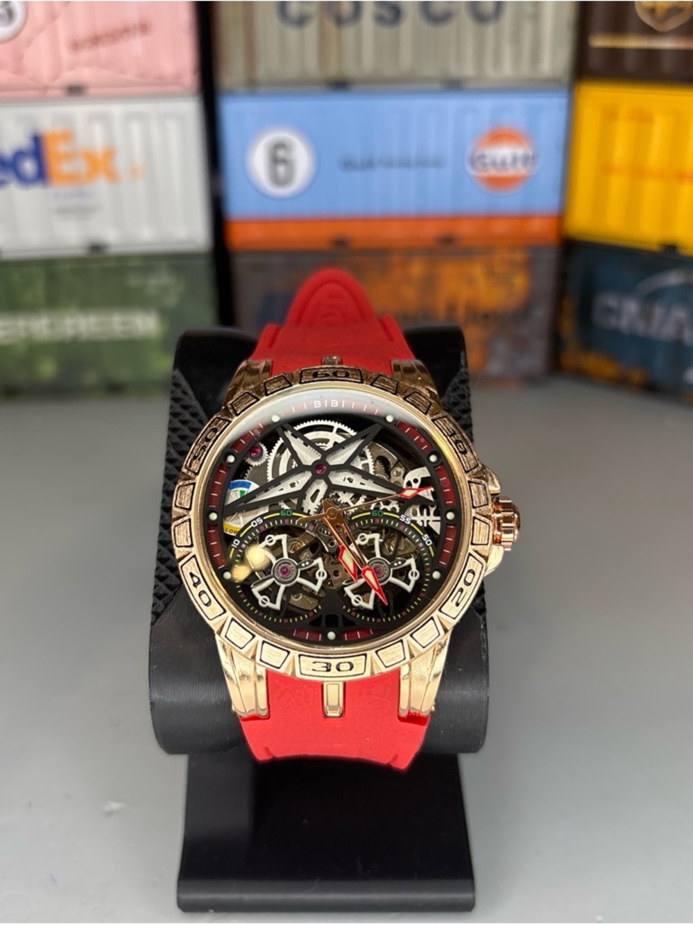 Skeleton Automatic Dial Sport Watch with Red Silicone Strap